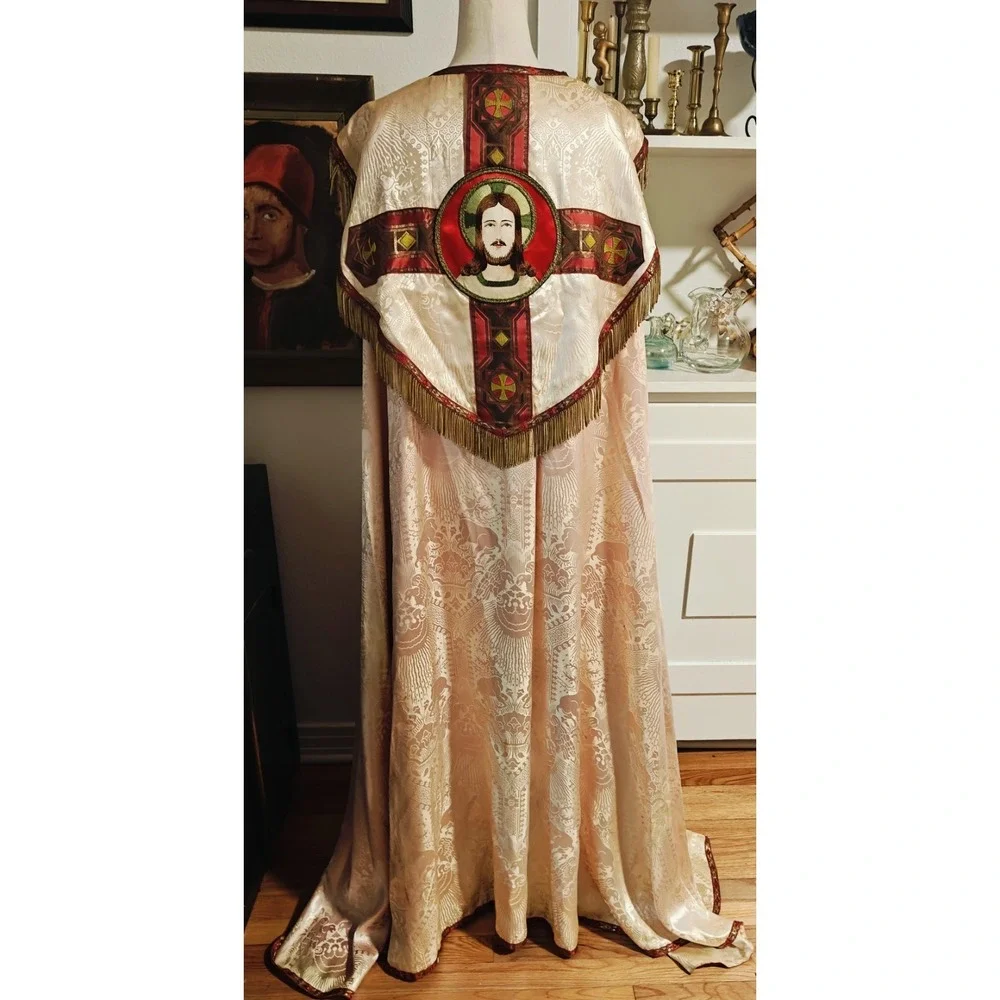 Antique Gothic Liturgical Chausable Cope Hand Painted Gold Boullion Fringe Silk